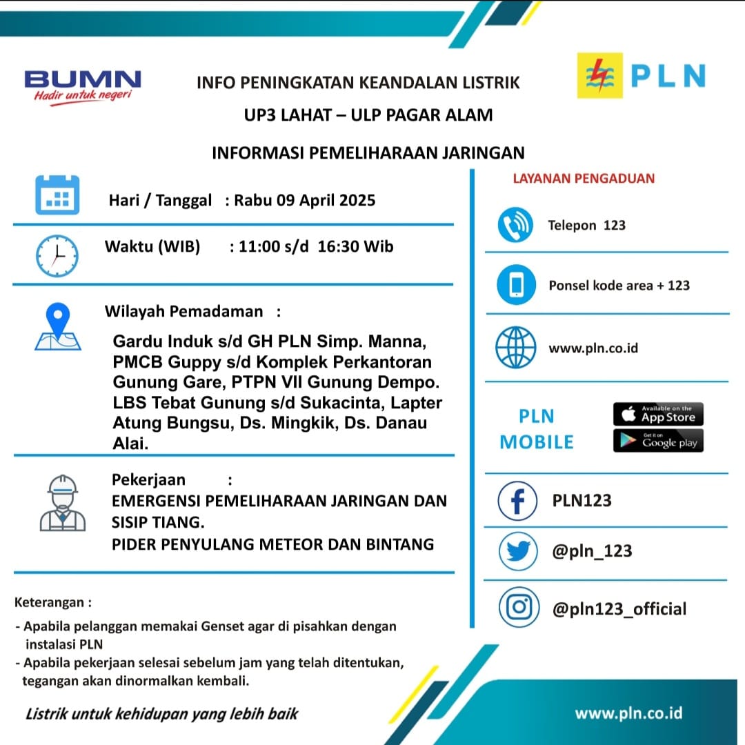 Listrik di Pagar Alam Padam 6 Jam, Cek Wilayah Disini 