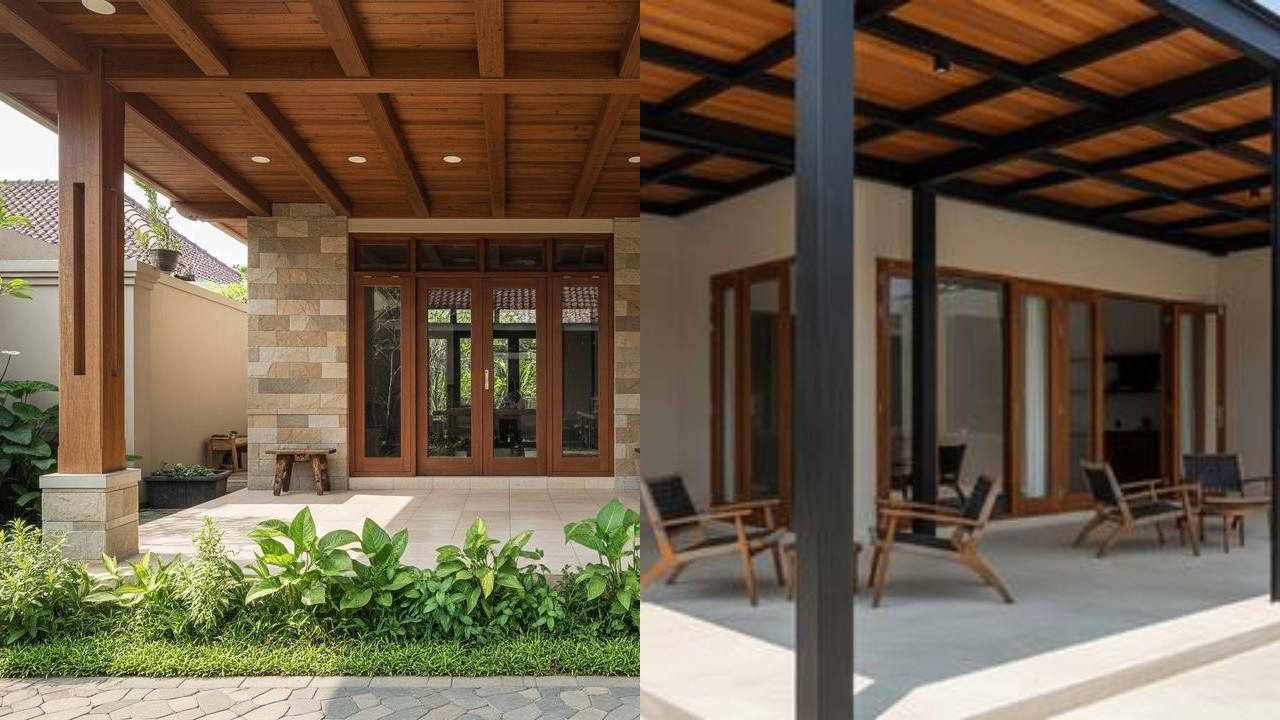 Desain Teras Rumah Sederhana Jadi Lebih Mewah dengan Baja Ringan dan Plafon Kayu!