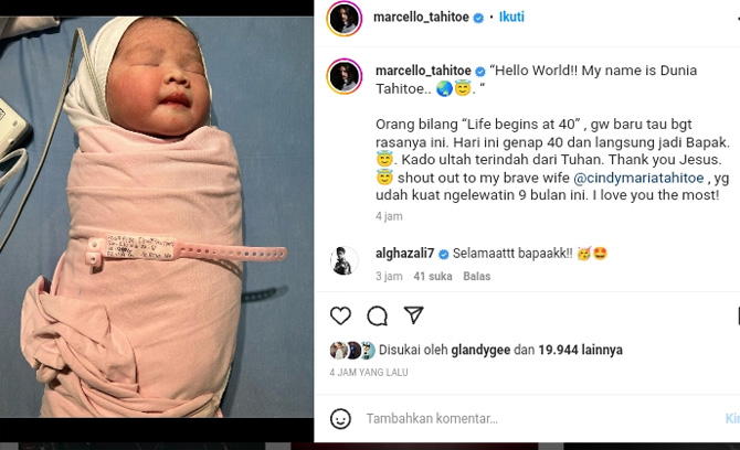 Ultah ke-40, Marcello Tahitoe Dianugerahi Buah Hati Perempuan