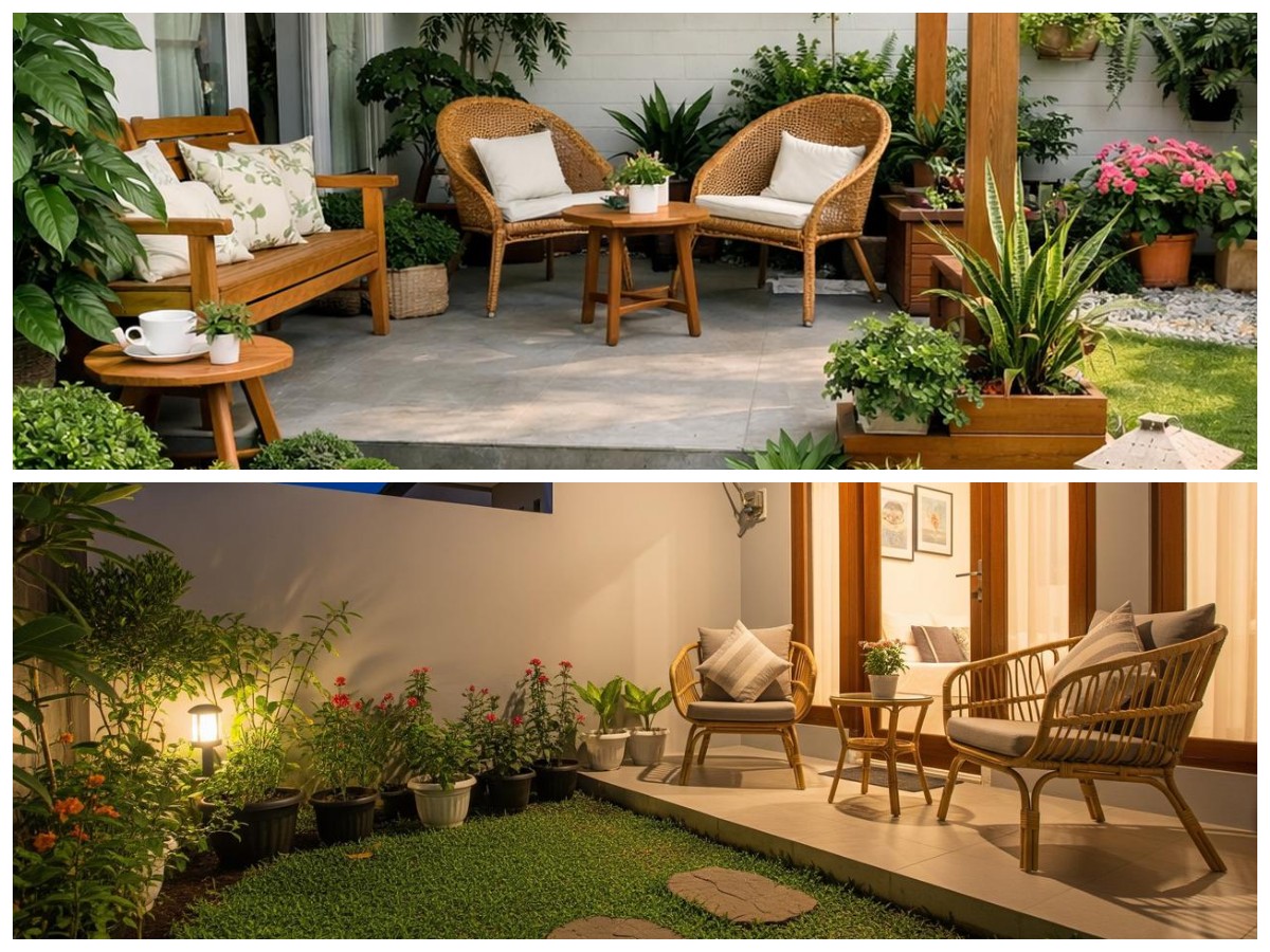 Teras Rumah Luas Makin Asri: Ide Desain Natural dengan Taman Mini dan Kursi Rotan