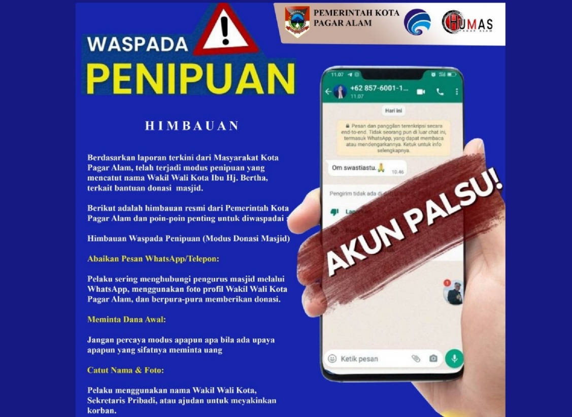 Waspada Penipuan Modus Donasi Masjid, Pelaku Catut Nama Wawako Pagar Alam 