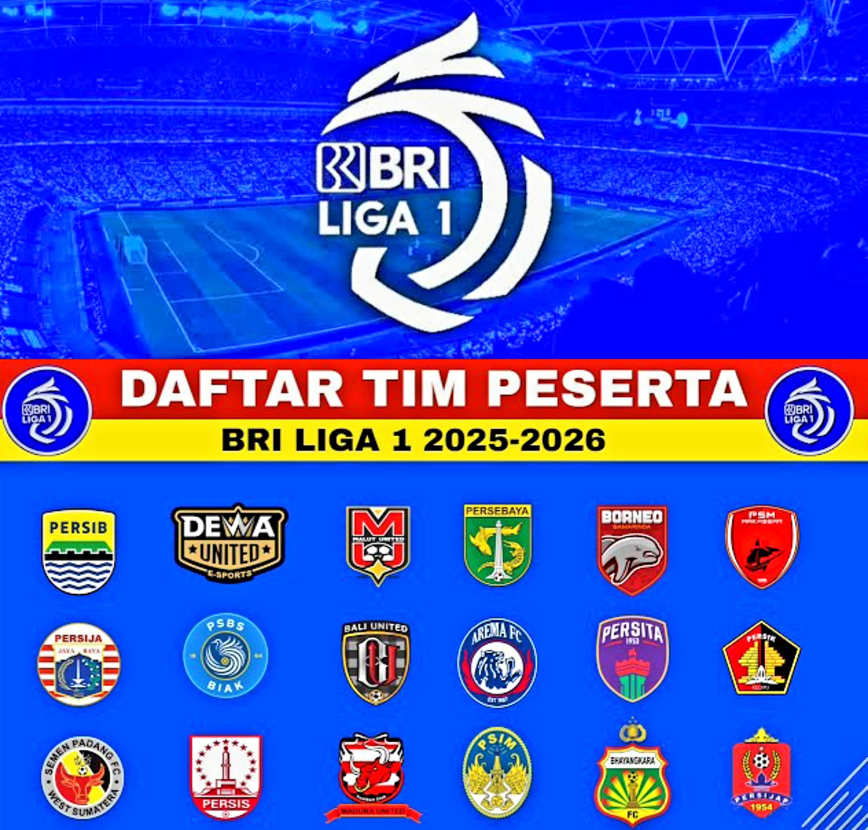Daftar Tim Peserta BRI Liga 1 2025-2026. Terdapat PSIM Yogyakarta Bhayangkara  dan Persijap