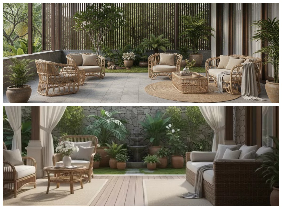 Inspirasi Teras Rumah Luas Bernuansa Alami dengan Taman Mini dan Kursi Rotan