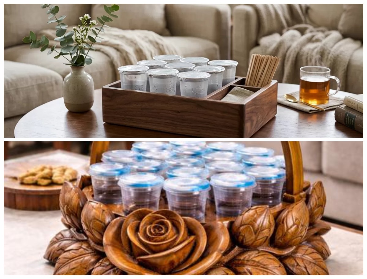 10 Model Tempat Air Mineral Gelas dari Kayu yang Estetik untuk Meja Tamu Berkelas