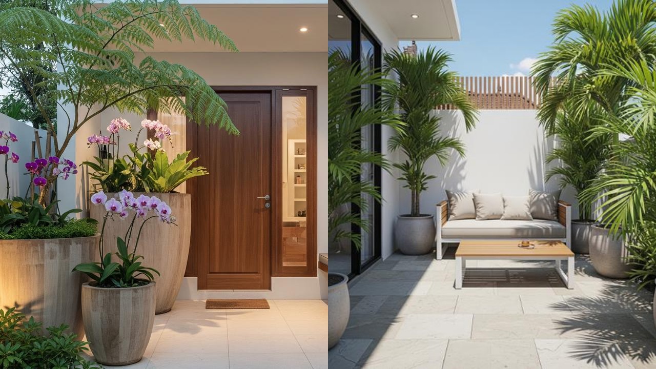 Teras Rumah Minimalis Ala Taman Tropis: Cantik, Asri, dan Modern dengan Sentuhan Pot Besar!