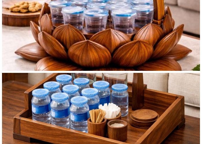 10 Inspirasi Tempat Air Mineral Gelas dari Kayu, Bikin Meja Tamu Terlihat Lebih Elegan dan Rapi
