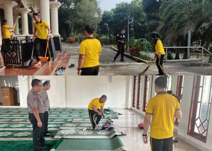 Dukung Gerakan Indonesia Asri, Polres Pagar Alam Gotong Royong Bersihkan Masjid Al-Akbar Gunung Gare