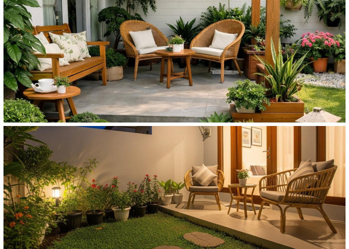 Teras Rumah Luas Makin Asri: Ide Desain Natural dengan Taman Mini dan Kursi Rotan