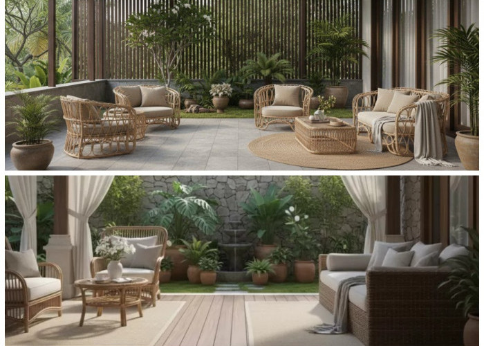 Inspirasi Teras Rumah Luas Bernuansa Alami dengan Taman Mini dan Kursi Rotan