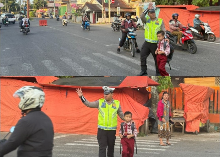 Humanis di Pagi Hari, Satlantas Polres Pagar Alam Bantu Pelajar Disela Giat Gatur Lalin 