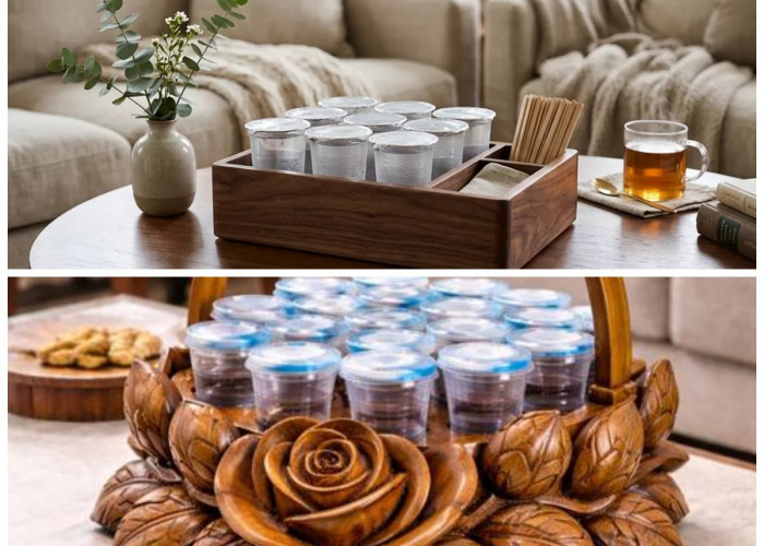 10 Model Tempat Air Mineral Gelas dari Kayu yang Estetik untuk Meja Tamu Berkelas
