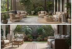 Inspirasi Teras Rumah Luas Bernuansa Alami dengan Taman Mini dan Kursi Rotan